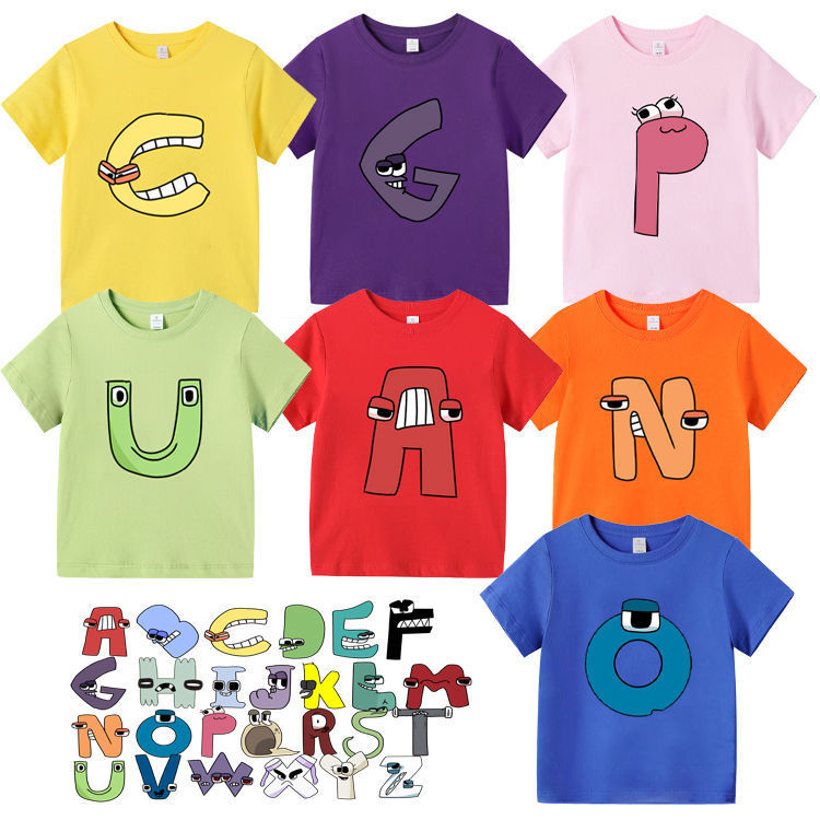 Alphabet Lore T-Shirt Kidsren's Short-Sleeved Clothes Summer Kidsren's Clothing for Boys and Girls Pure Cotton Half-Sleeved Shirt Alphabet Lore