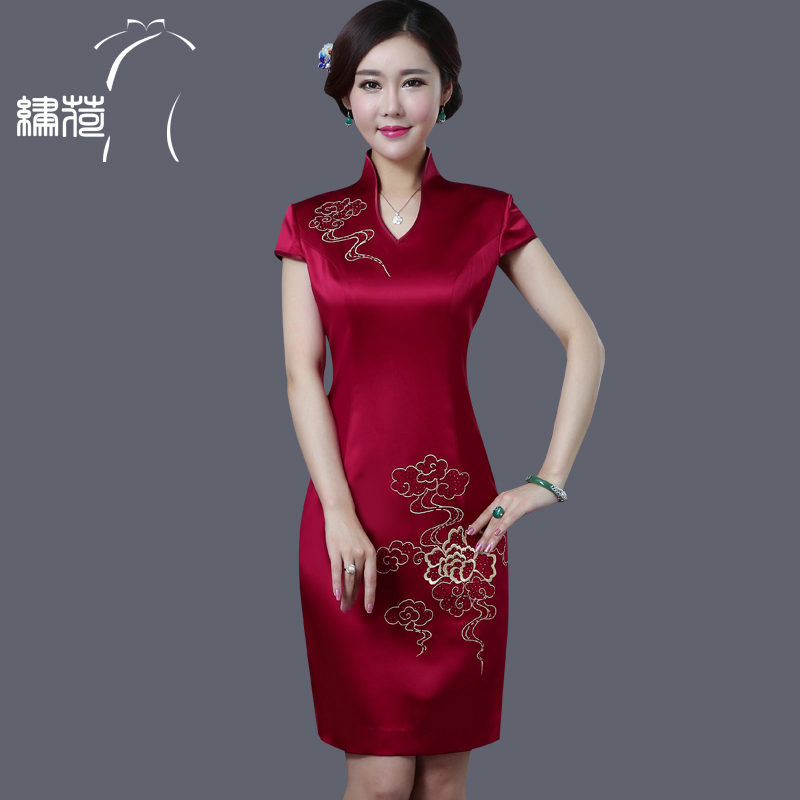 绣荷 Jiuhong Millet cheongsam dignified atmospheric improved version Middle -aged female mother dress wedding real silk mulberry silk dresses