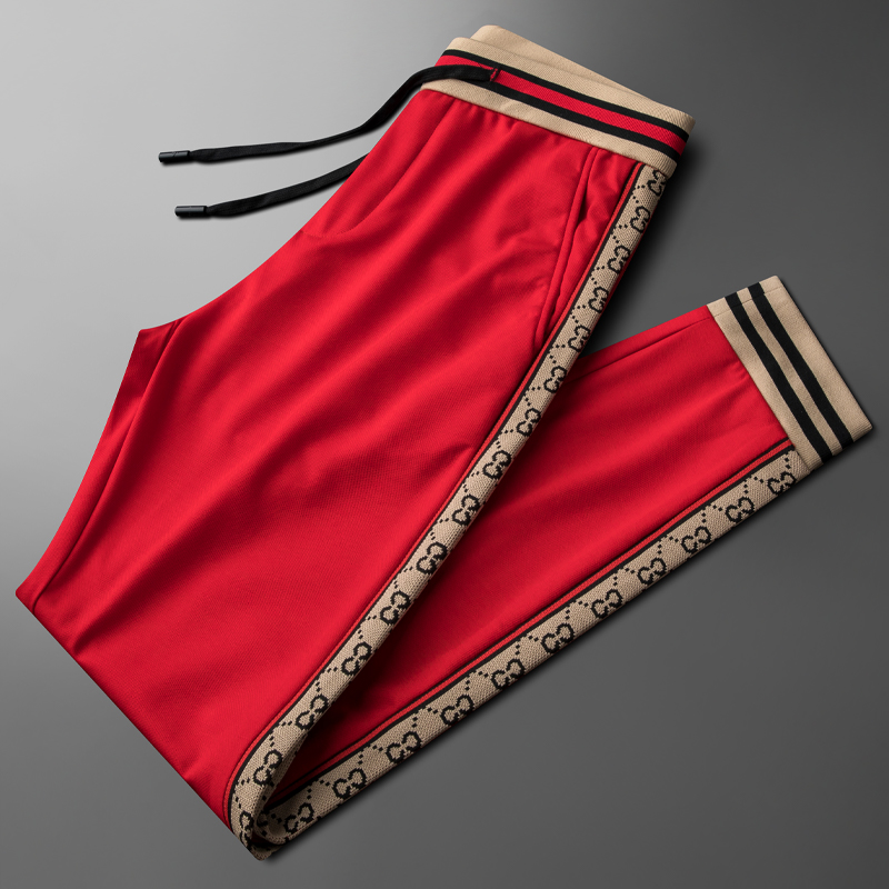 Light luxury high-end embroidery casual sports pants men's spring fall red bunches with small football-wee pants youth tide-Taobao