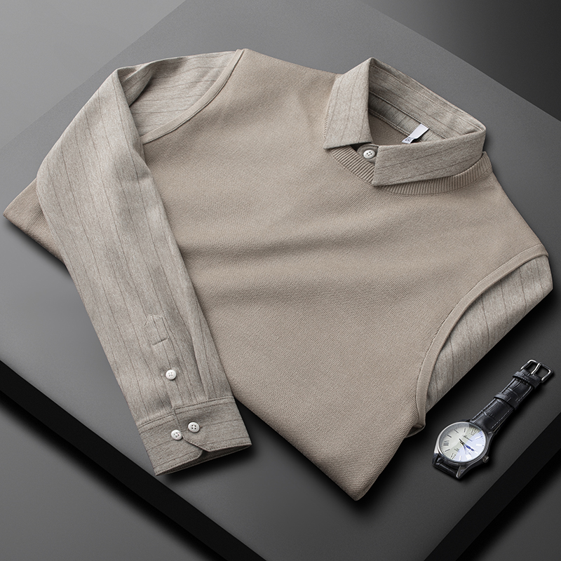 Light luxury winter plus velvet thick warm fake two-piece sweater men's shirt collar business slim casual knitwear trend