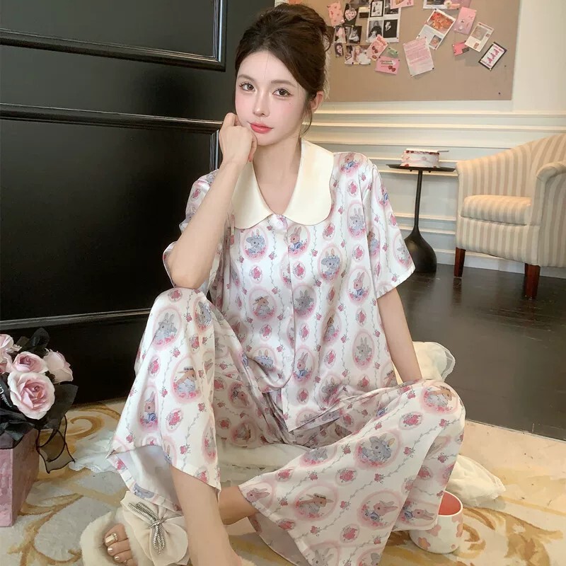 Cardiac Ice Silk Pajamas for Women, New Summer Style Short-Sleeved Long Pants Three-Piece Set, Cute and Sweet Women's Home Wear