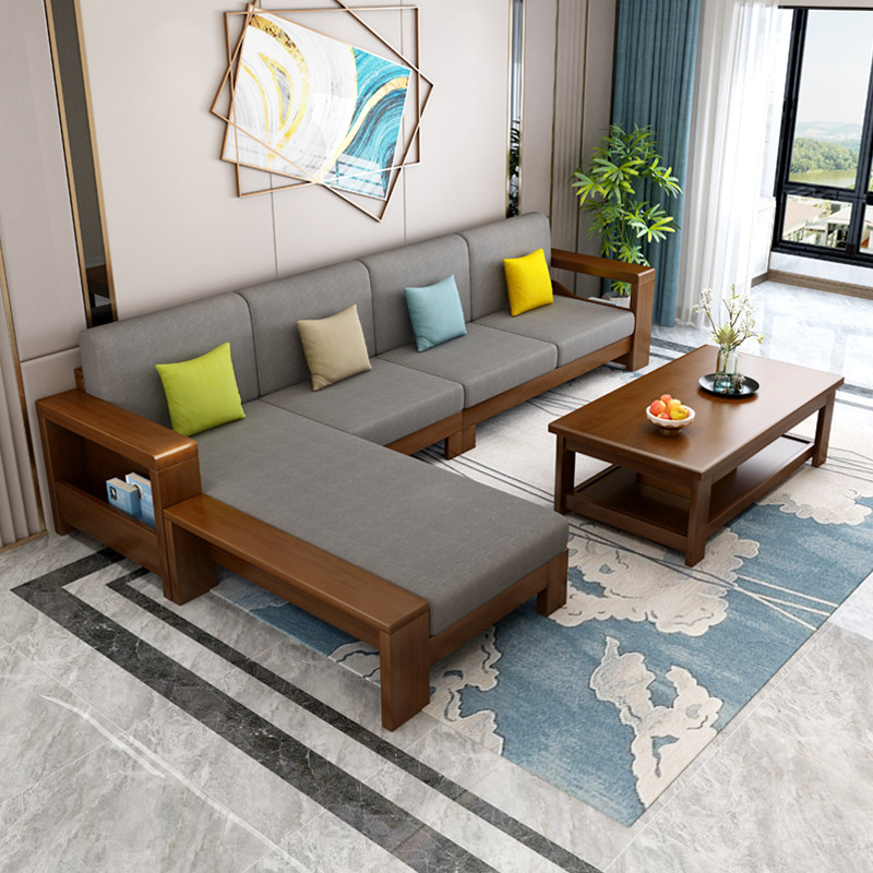 New Chinese solid wood sofa combination economical storage corner sofa winter and summer dual-use large and small apartment living room set
