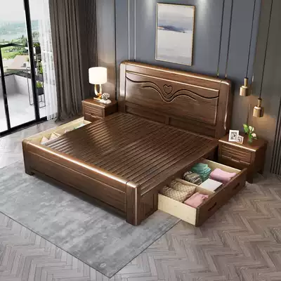 Walnut solid wood bed 1 8 M modern minimalist bedroom double bed 1 5m small apartment economical storage wedding bed