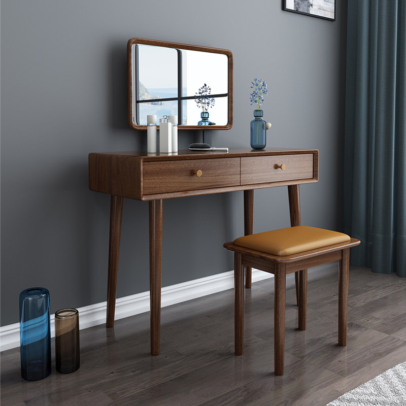Nordic Solid Wood Dresser Walnut Wood Modern Minima Small Household Type Makeup Desk Bedroom Net Red Ins Wind Makeup Table 