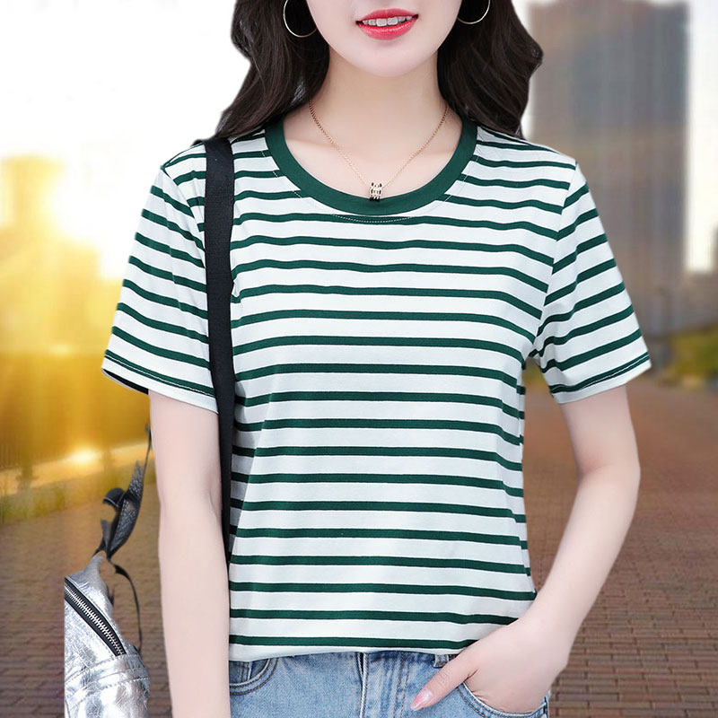 Green striped round neck cotton short-sleeved T-shirt female mother small loose summer 20221 new T-shirt