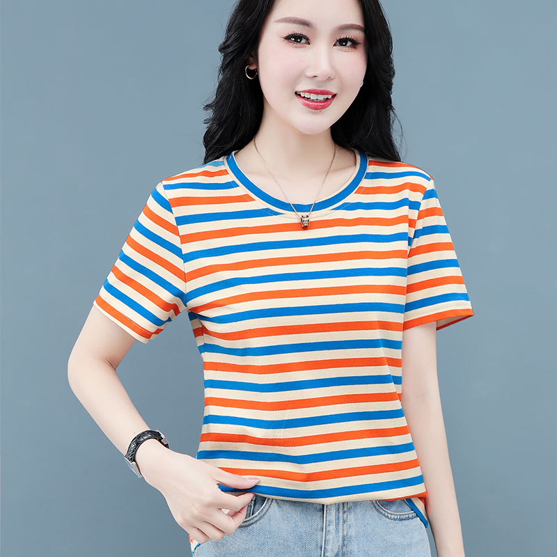 Large size rainbow striped round neck short-sleeved T-shirt women's summer pure cotton loose year mother 2022 new women's T-shirt