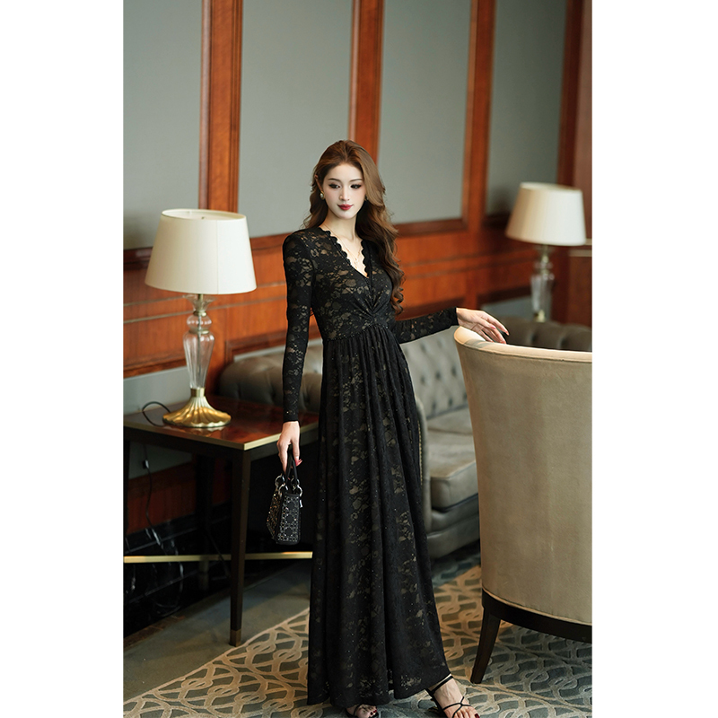 Ukefeier Light Luxury High-End Heavy Lace Wave Edge V-Neck High-Waisted Draped Large Hem Dress