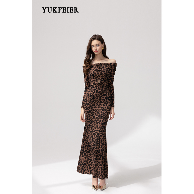 Ukefeier Light Luxury High-End Knitted Leopard Print Off-Shoulder Waist-Cinching Slim-Fit Bodycon Fishtail Dress Ukefeier Light Luxury High-End Knitted Leopard Print Off-Shoulder Waist-Cinching Slim-Fit Bodycon Fishtail Dress