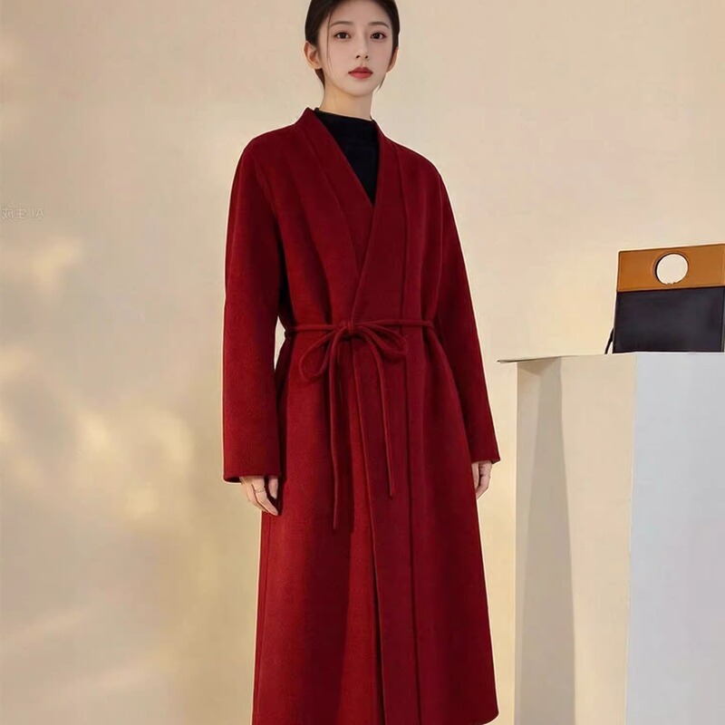 Original Chinese-Style New Chinese-Style Winter Red Long Woolen Coat with a Luxurious Feel and Double-Sided Woolen Fabric
