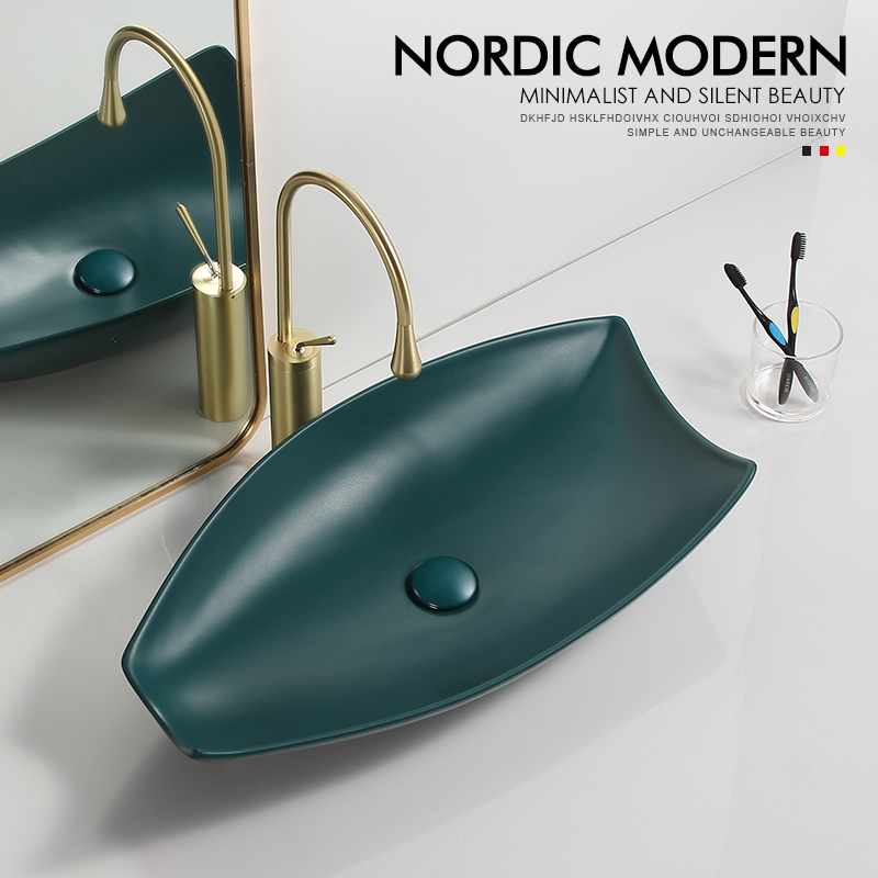 Ogilvy bathroom Nordic minimalist matte green wash basin on the counter basin hotel ceramic basin special-shaped washbasin