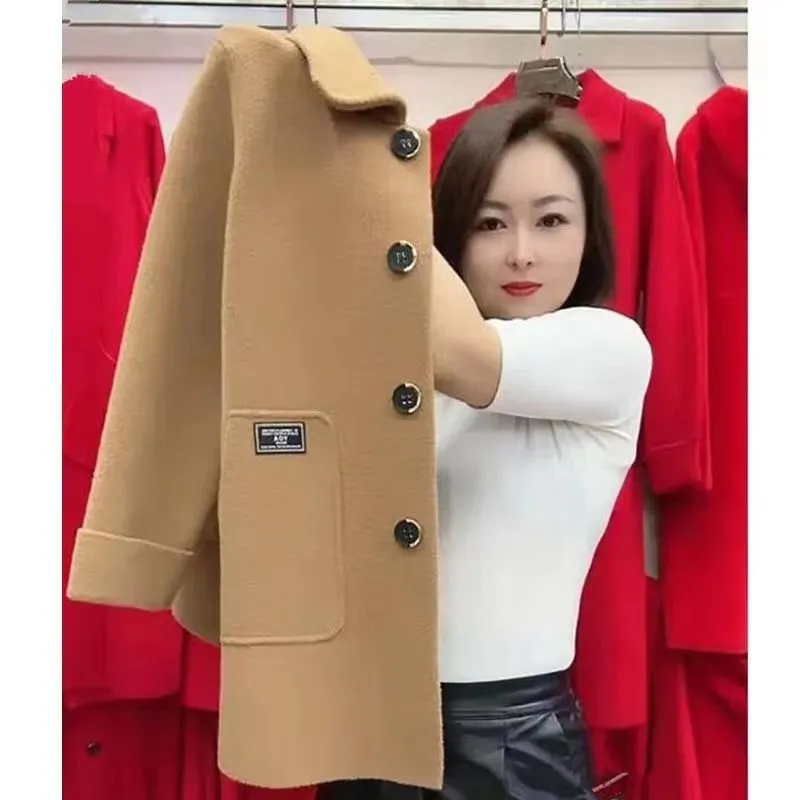 Mother's Double-Sided Woolen Mid-Length Coat for Women, New Autumn and Winter Style, Loose and Thick Woolen Coat, High-End Fashionable Outerwear