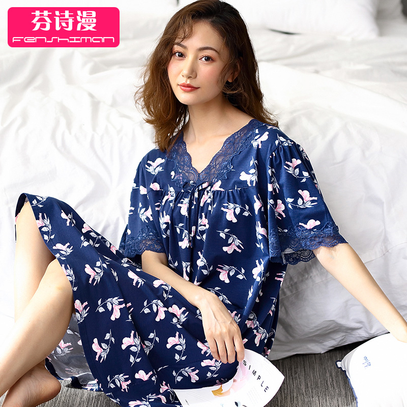 Pajama cô gái mùa hè Mordale lụa bông ngắn tay mùa hè mỏng dài hạn mẹ trung niên Han phiên bản loose-fitting cỡ lớn váy.