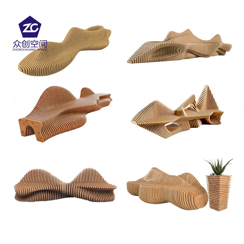 Outdoor solid wood sliced ​​seat special-shaped bench anti-corrosion wood bench glass fiber leisure chair shopping mall rest chair customization