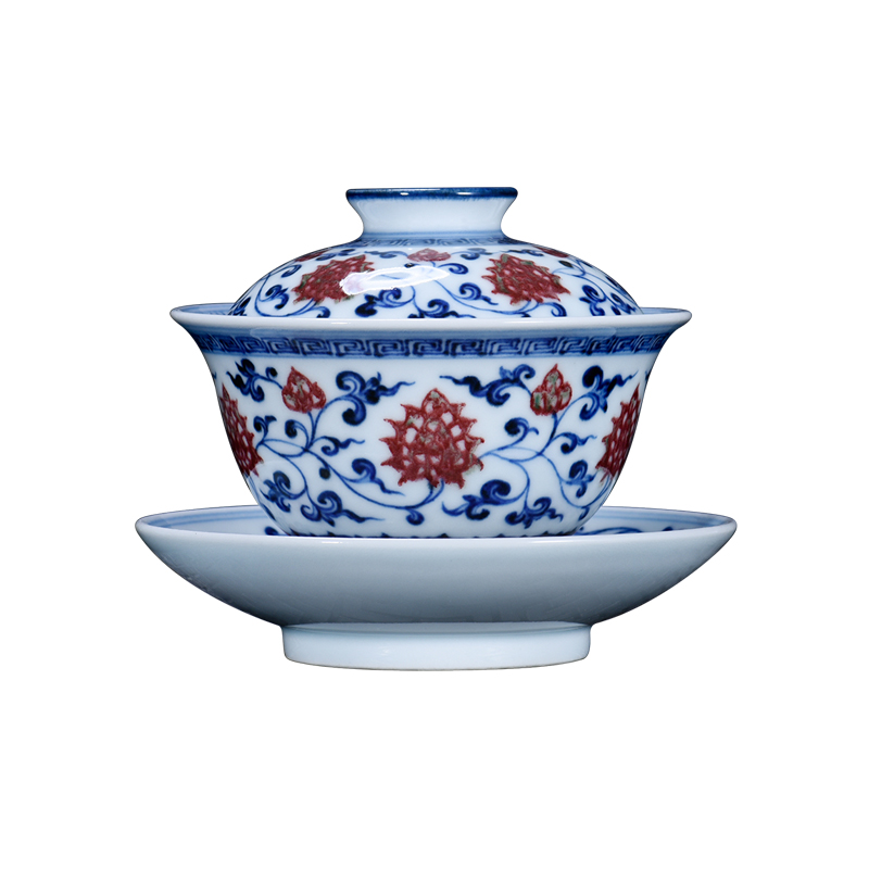 Jingdezhen blue and white youligong tureen bound branch lotus large three hand - made teacup only pure manual kung fu tea set collection