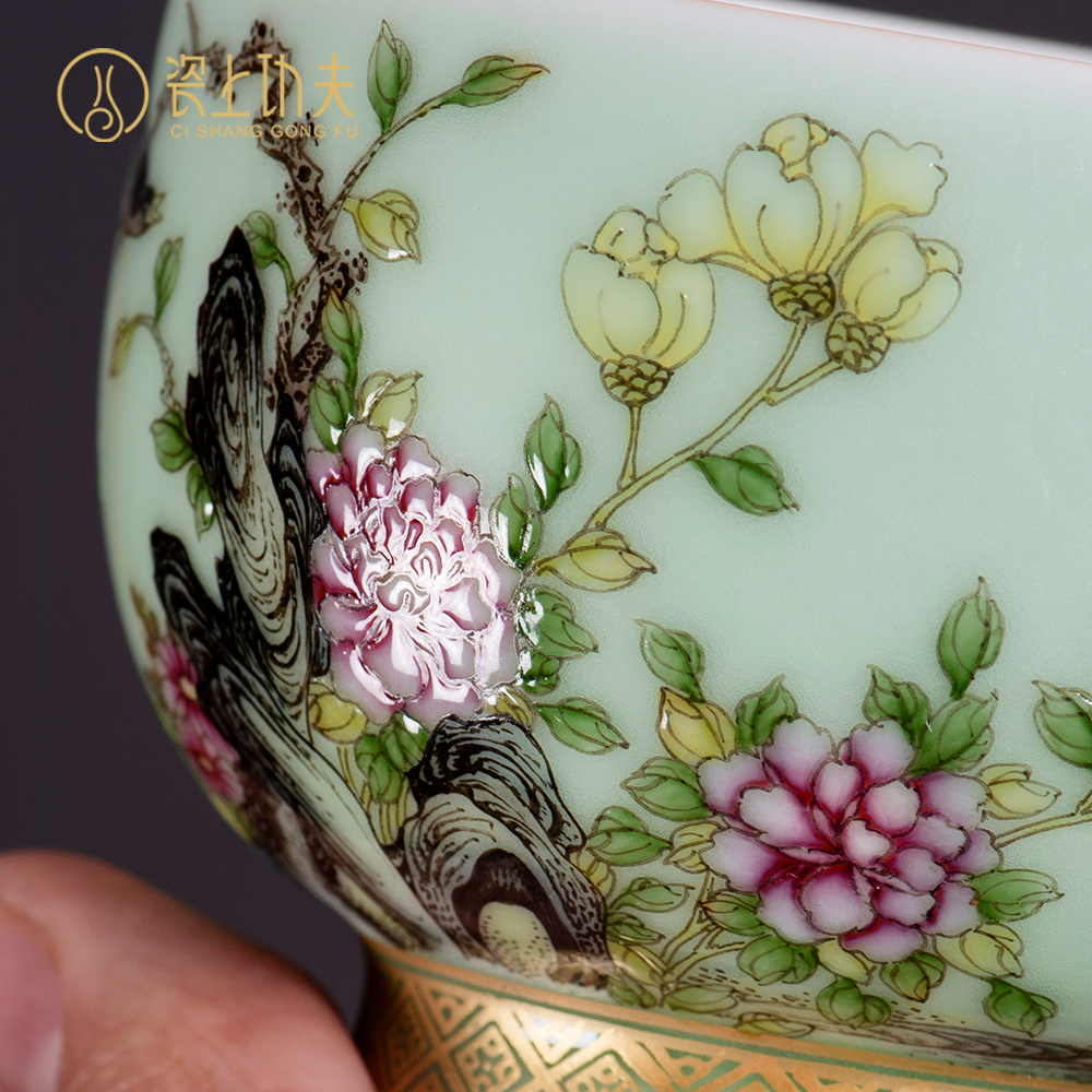 Jingdezhen kung fu tea cups peony flower sample tea cup colored enamel hand - made master cup single CPU individual customization