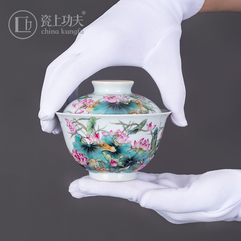Colored enamel porcelain on kung fu lotus tureen 2 to jingdezhen ceramic high - end tea tureen large hand - made tea sets