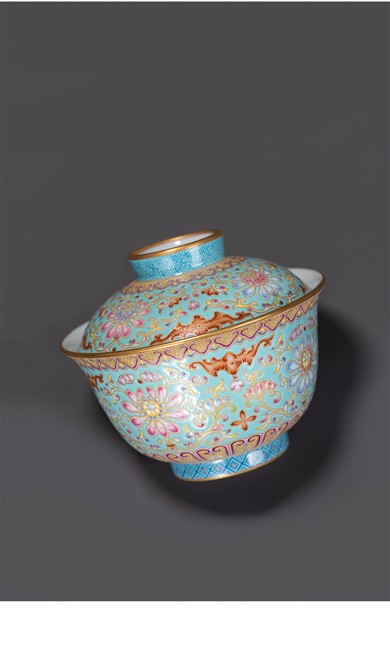 Colored enamel porcelain on kung fu turquoise, only two tureen ceramic design branch lotus large tea bowl tea orphan works