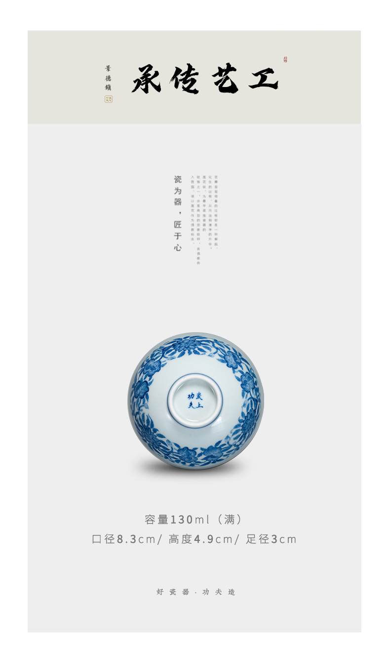 Porcelain jingdezhen blue and white Porcelain live on kung fu masters cup peach sample tea cup single CPU personal cup with a gift