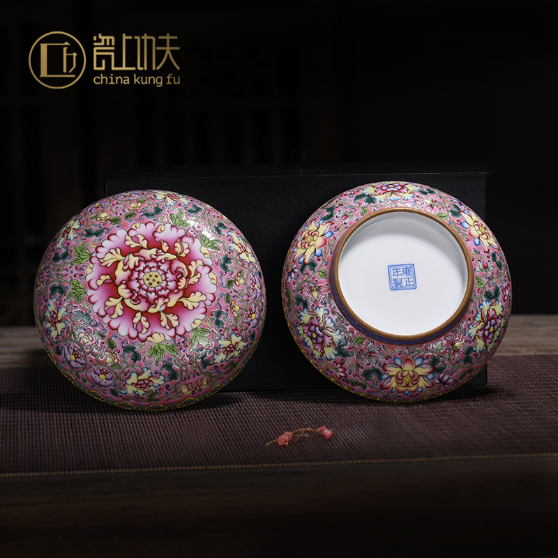Jingdezhen pure manual hand - made colored enamel peony big heavy inkpad box of large antique archaize ceramic oversized
