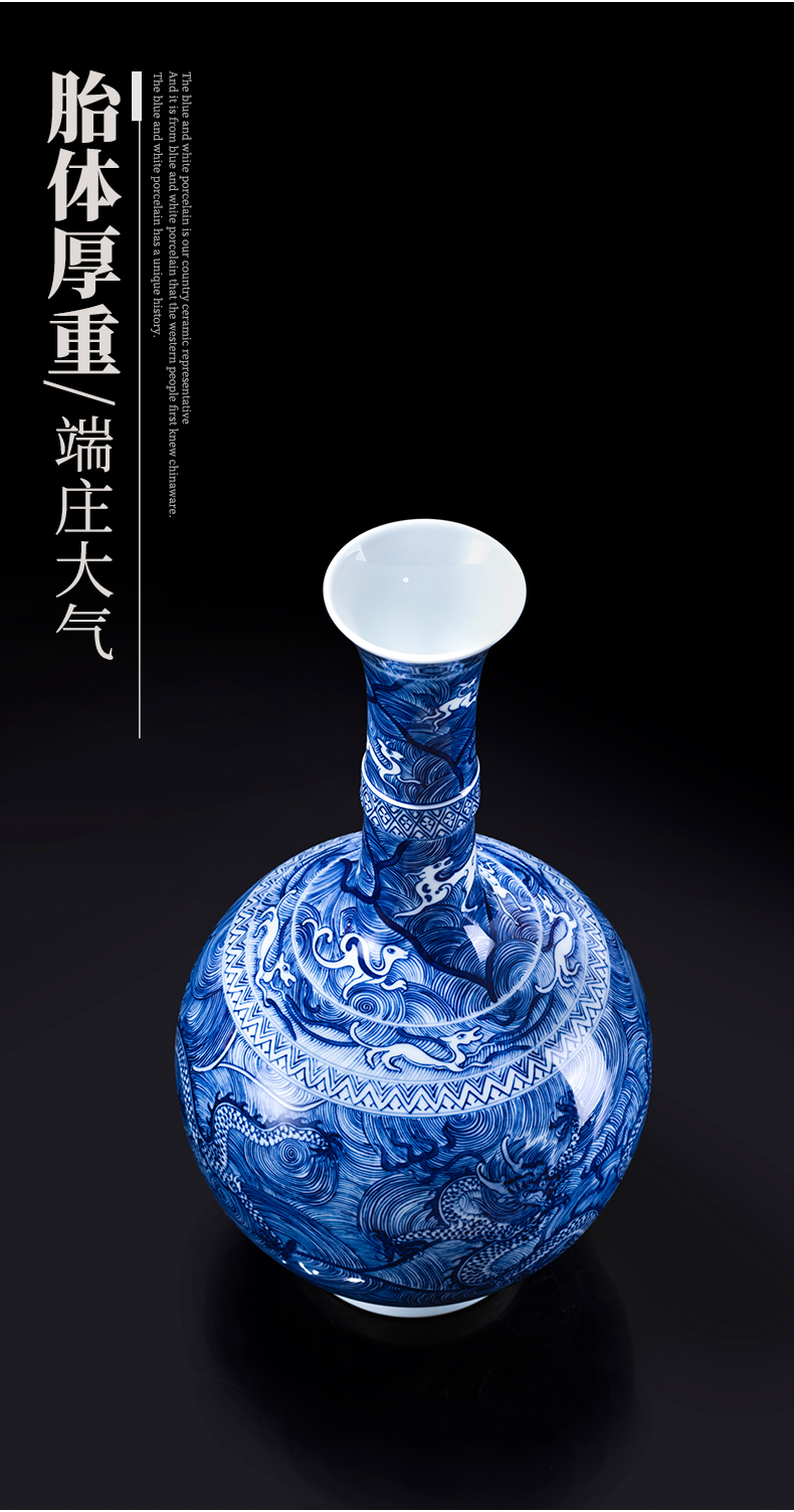 Jingdezhen blue and white porcelain ceramic vase dragon bottle furnishing articles imitation antique handicraft collection of new Chinese style living room