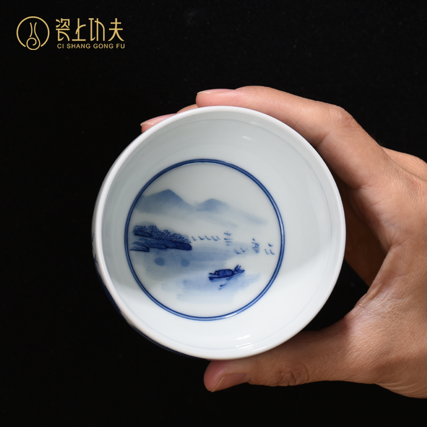 Jingdezhen blue and white landscape sample tea cup full manual pure hand - made master cup noggin kung fu tea set single cup gift giving