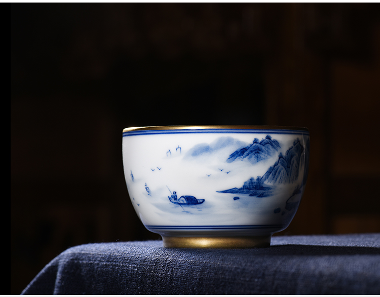 Jingdezhen blue and white landscape sample tea cup full manual pure hand - made master cup cup collection gifts kung fu tea set