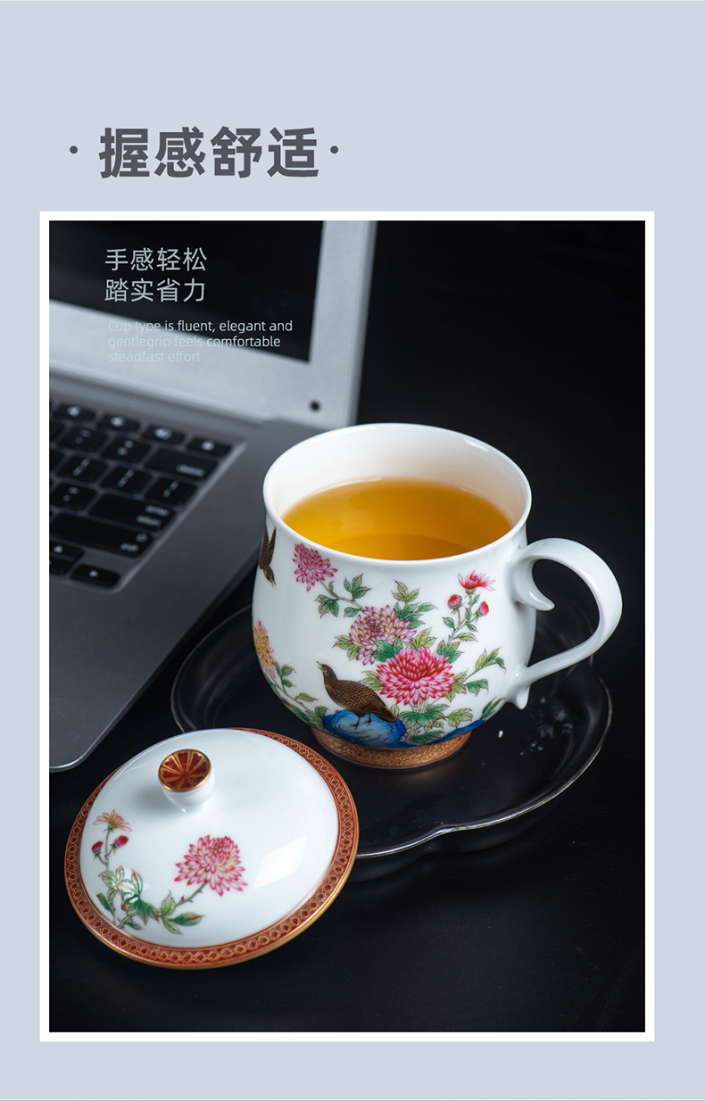 Ceramic colored enamel paint hand - made flowers and birds with cover tea cup tea service office cup home getting high - end gift cups