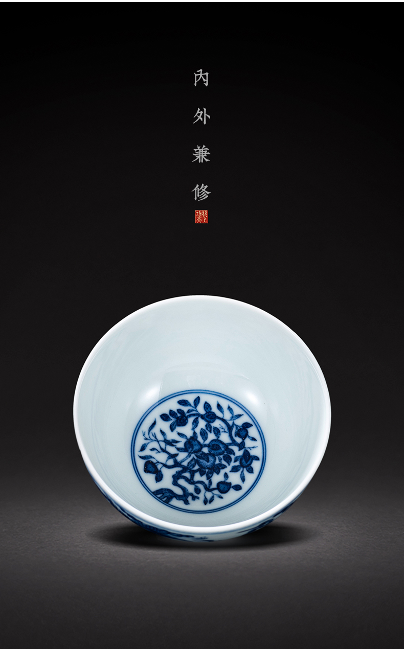 Jingdezhen maintain tea kungfu tea cup pure manual crane, grain sample tea cup large master of blue and white porcelain cup