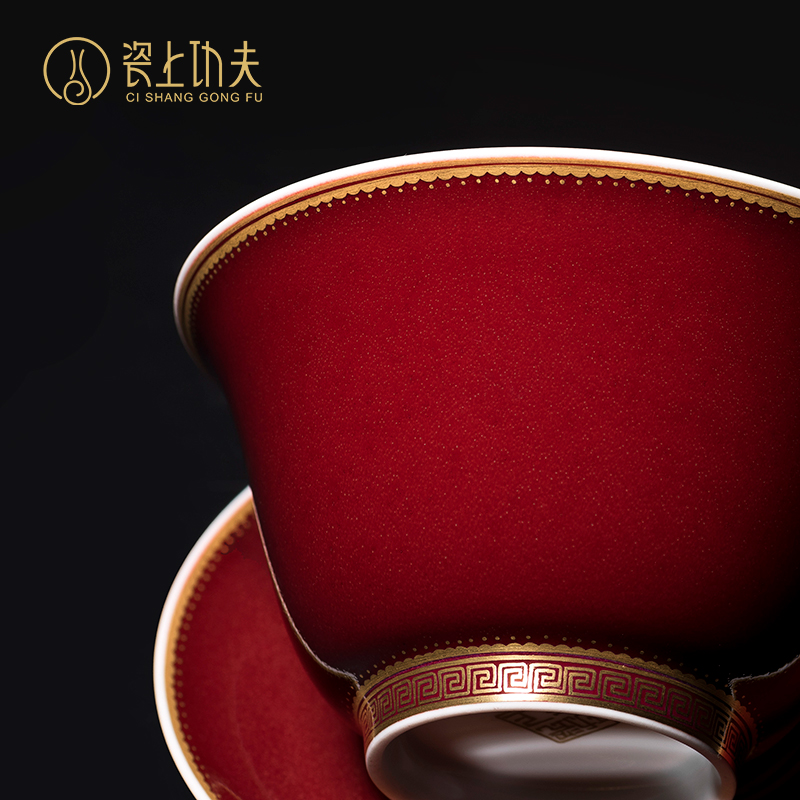 Jingdezhen pure manual ji red glaze kung fu tea set a complete set of ceramic tea set of 6 PCS only three tureen