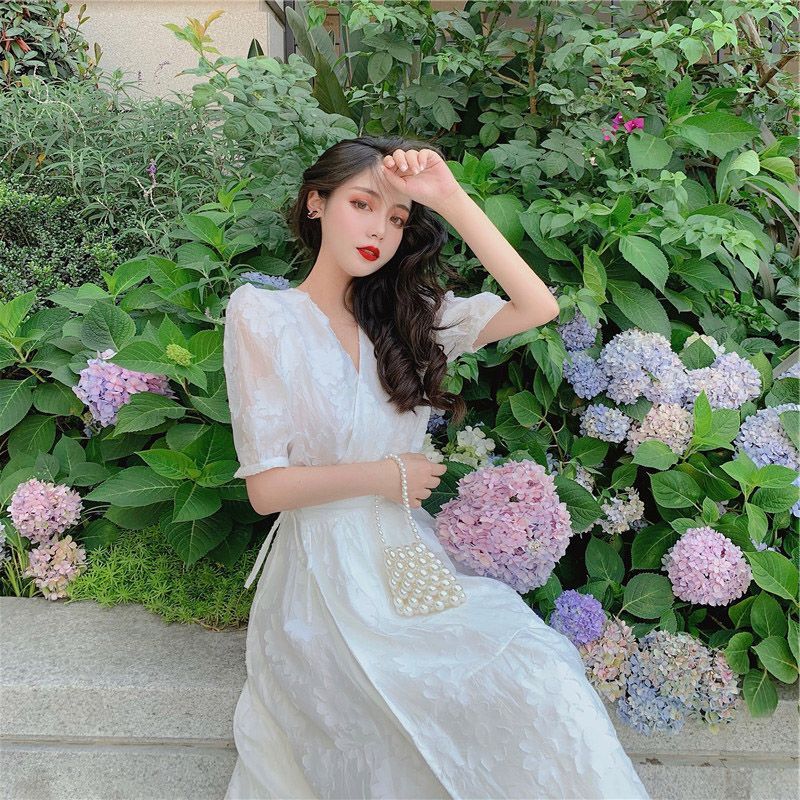 Long Dress Lsummer wear 2021 new pattern skirt fairy Chaoxian Forest Department Close your waist Show thin Medium and long term organza  One piece Dress