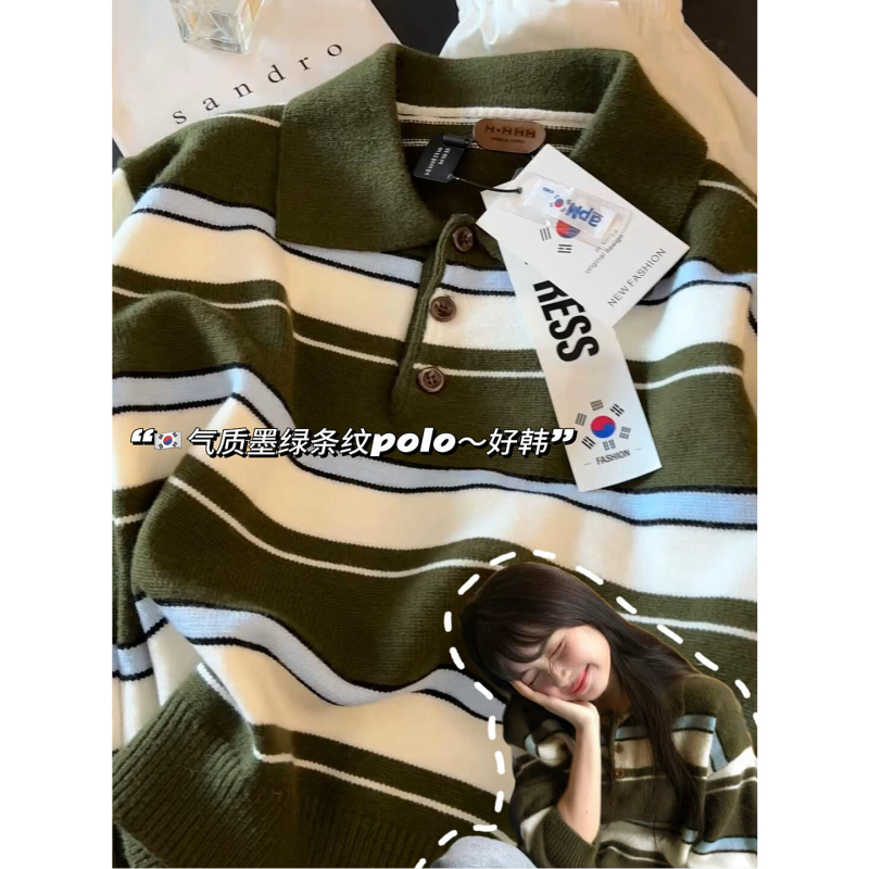 2026 Autumn and Winter Korean Style Elegant Dark Green Striped Polo Collar Long-Sleeved Sweater for Women, Loose and Lazy Style Knitwear 2026 Autumn and Winter Korean Style Elegant Dark Green Striped Polo Collar Long-Sleeved Sweater for Women, Loose and Lazy Style Knitwear