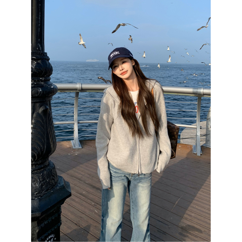 Korean Style Lazy Style Hooded Waffle Knit Cardigan for Women Gray Double Zipper Loose Sweater Jacket Korean Style Lazy Style Hooded Waffle Knit Cardigan for Women Gray Double Zipper Loose Sweater Jacket