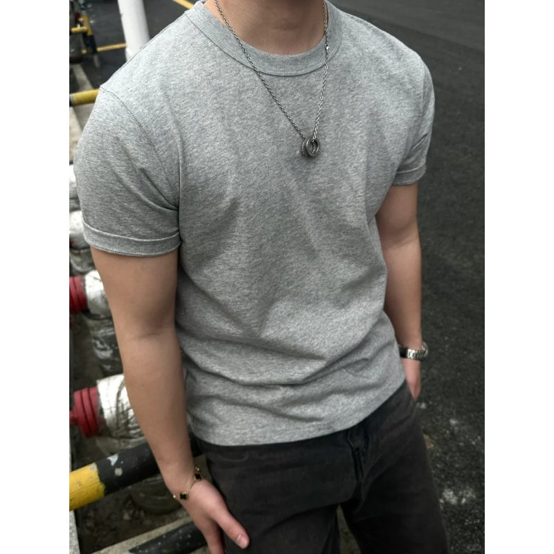 American-Style Fitness Gray Short-Sleeve Cleanfit Pure Cotton Small Neckline T-Shirt for Men, Summer Casual Ootd Outfit