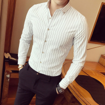 Autumn handsome mens shirt hair stylist shirt long sleeve stripes Korean slim trend seven points mens clothing