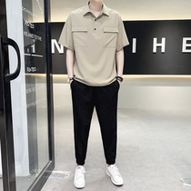 Mens dress with a whole set of summer ice silk short sleeves Summer fashion suit polo 90% pants two sets superior summer clothing