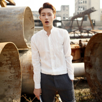 Summer stand-up collar long sleeve shirt male thin section Korean version trendy hairstyle hairstylist white shirt casual ice silk lining man