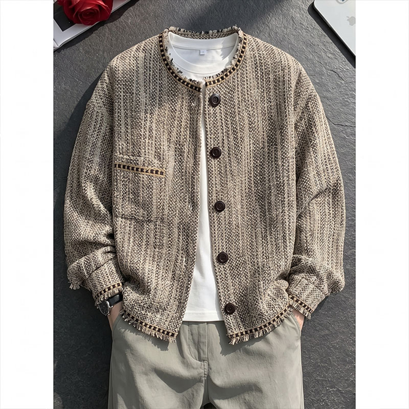 Retro Trendy Brand Tweed Chanel-Style Jacket for Men, Autumn Fringed Collarless Blazer with a High-End Feel Retro Trendy Brand Tweed Chanel-Style Jacket for Men, Autumn Fringed Collarless Blazer with a High-End Feel