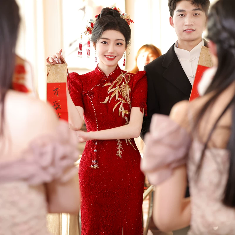 Чэнсоong Cheongsam, вечернее платье, свадебное платье, красная юбка, китайский стиль, с вышивкой
