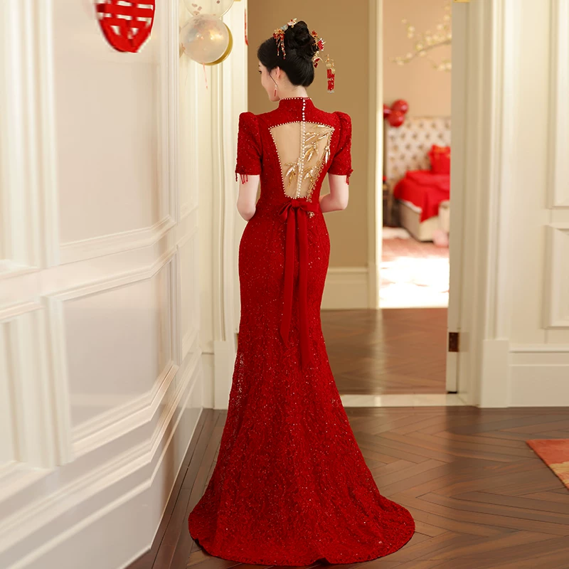 Чэнсоong Cheongsam, вечернее платье, свадебное платье, красная юбка, китайский стиль, с вышивкой