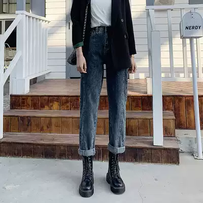 Jeans women's straight loose autumn and winter 2021 new high waist thin all-match wide leg hanging Luo Luo dad pants