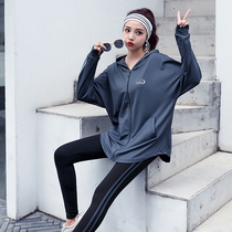 Sports coat women loose size yoga long sleeve top cardigan zipper quick-drying hooded long hip-covering fitness suit