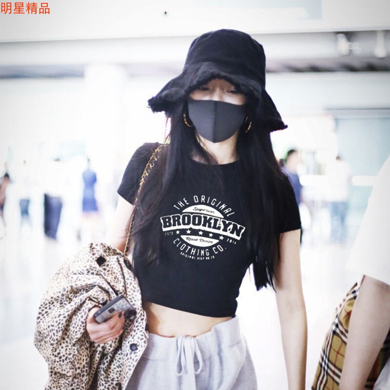 Yang Mi Style White Short-Sleeve T-Shirt for Women, Summer Cropped Top with Letter Print, Pure Cotton Slim Fit Shirt for Summer