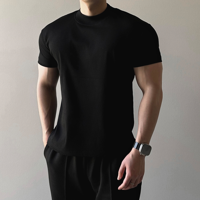 Summer Men's Half-High Collar Short-Sleeve T-Shirt with Cuffed Sleeves, Small Neckline, Slim Fit, Solid Color, Fitness, Muscle, Casual Base Shirt