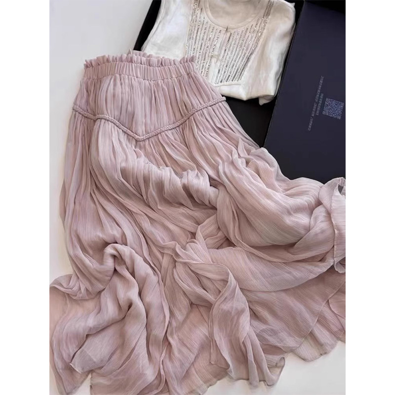 夏季新款2026时尚休闲粉色麻花拼接半身裙松紧高腰垂感a字中长裙