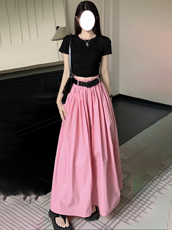 Pink High-Waisted Skirt for Women, Summer 2026 New Style, Loose and Slimming, Unique Design, Wide-Leg A-Line Long Skirt