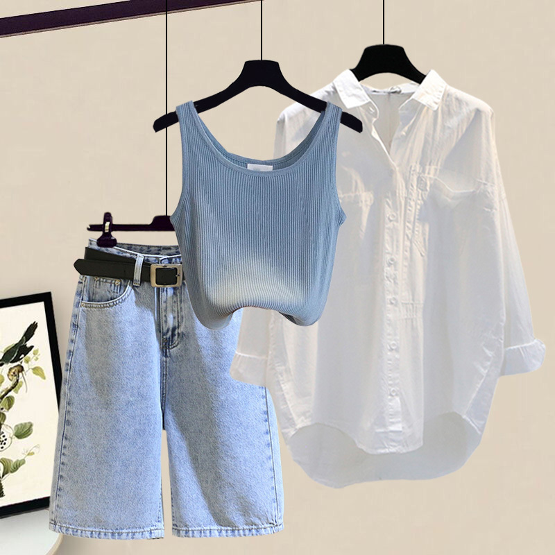 Summer Dopamine Outfit Hot Girl Denim Suit Women's Camisole Shirt Five-Point Shorts Petite Three-Piece Set Summer Dopamine Outfit Hot Girl Denim Suit Women's Camisole Shirt Five-Point Shorts Petite Three-Piece Set