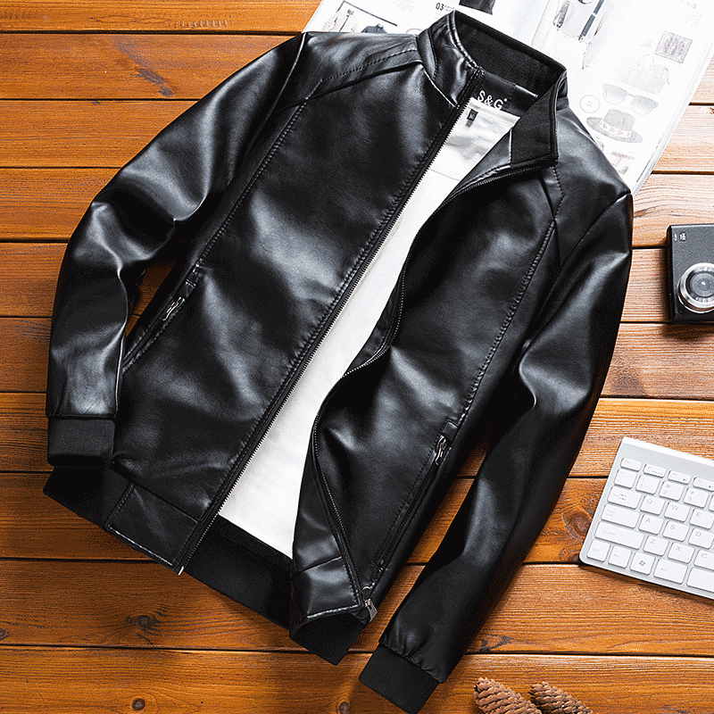 Winter new velvet thick leather jacket men's casual pu leather jacket men's large size slim stand collar Korean trend