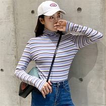 Striped high collar 2021 new autumn and winter ins tide long sleeve stack collar grinding hair tight