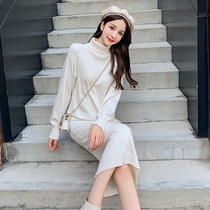 With coat high collar slim body long knee autumn and winter