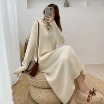 Large size fat mm age slim dress hooded loose knit long sweater skirt over knee with Overcoat